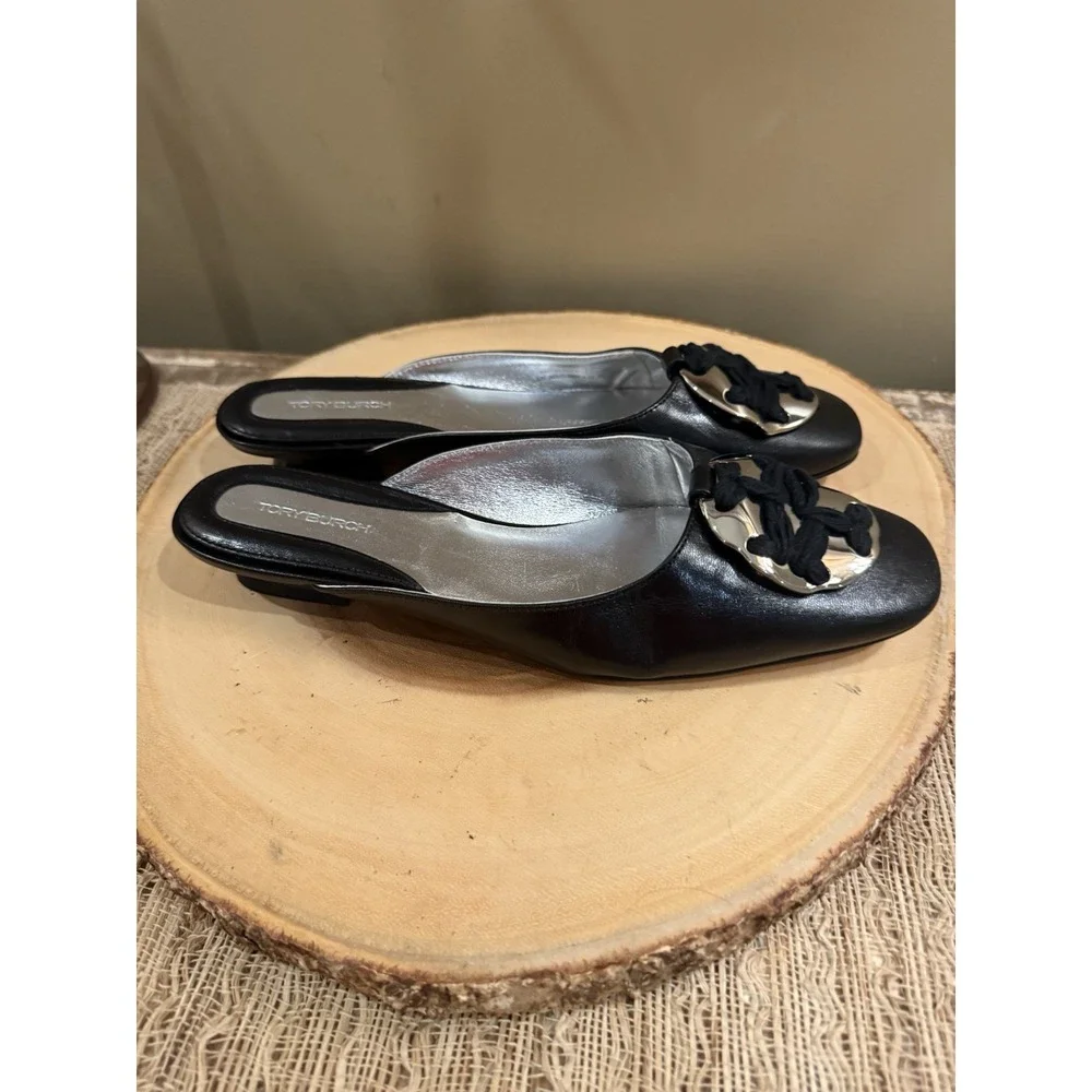 Tory Burch Woven‎ Logo Kitten Heel Mule Size 7.5 Black Goat Leather MSRP$358